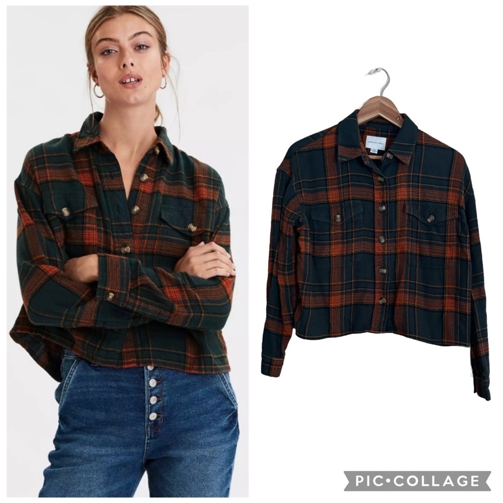 Fall 🍁🍂🍃American Eagle Plaid Cropped Button-Down Shirt Dark Green & Rust Sz S